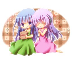  2girls bad_id bad_pixiv_id bare_shoulders blue_hair blush chibi closed_eyes dress furude_rika hanyuu heart higurashi_no_naku_koro_ni horns multiple_girls okuo open_mouth purple_eyes purple_hair ribbon 