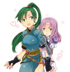  2girls arm_grab armor commentary_request fire_emblem fire_emblem:_the_blazing_blade florina_(fire_emblem) gloves green_eyes green_hair heart high_ponytail long_hair lyn_(fire_emblem) menoko multiple_girls ponytail purple_hair yuri 