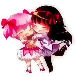  2girls akemi_homura akemi_homura_(magical_girl) bad_id bad_pixiv_id black_hair bow bubble_skirt chibi closed_eyes dress hair_ribbon hairbow happy hug kaname_madoka kaname_madoka_(magical_girl) magical_girl mahou_shoujo_madoka_magica mahou_shoujo_madoka_magica_(anime) multiple_girls nomiakkyu pantyhose pink_hair ribbon short_twintails skirt smile tears twintails 