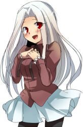  black_pantyhose black_ribbon blush boots commentary_request cowboy_shot fate/zero fate_(series) female hair_intakes hands_on_own_chest hands_up irisviel_von_einzbern long_hair long_sleeves marimo_danshaku miniskirt neck_ribbon no_pupils own_hands_together pantyhose red_eyes ribbon skirt solo thigh_boots thighhighs white_hair white_skirt 