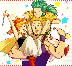  2boys art_brush blonde_hair blue_eyes carrying closed_eyes commentary_request female final_fantasy final_fantasy_vi gau green_eyes green_hair hat highres long_hair mog moogle multiple_boys oerba_yun_fang paintbrush ponytail relm_arrowny sabin_rene_figaro short_hair smile star_(symbol) ymy 