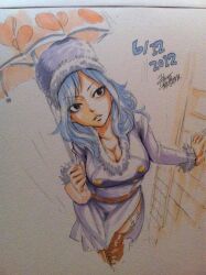  blue_hair breasts fairy_tail juvia_loxar large_breasts long_hair mashima_hiro messy_hair rain umbrella 