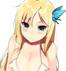  aqua_eyes bikini blonde_hair boku_wa_tomodachi_ga_sukunai breasts butterfly_hair_ornament commentary_request female hair_ornament kashiwazaki_sena large_breasts light_smile long_hair lowres sasamori_tomoe solo swimsuit 