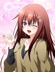  bad_id bad_nicoseiga_id blue_eyes blush collarbone female flower hair_ornament hairpin highres long_hair long_sleeves makise_kurisu one_eye_closed open_mouth photoshop_(medium) red_hair solo steins;gate string yua_(checkmate) 