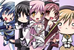  5girls :&lt; akemi_homura akemi_homura_(magical_girl) black_hair black_pantyhose black_thighhighs blonde_hair blue_eyes blue_hair blush bow_(weapon) cape chibi column_lineup commentary_request compilation hairband kaname_madoka mahou_shoujo_madoka_magica mahou_shoujo_madoka_magica_(anime) miki_sayaka miki_sayaka_(magical_girl) multiple_girls o_o odd_one_out oerba_yun_fang one_eye_closed pantyhose photoshop_(medium) polearm purple_eyes red_eyes red_hair sakura_kyoko sakura_kyoko_(magical_girl) senomoto_hisashi spear sword thighhighs tomoe_mami tomoe_mami_(magical_girl) ultimate_madoka weapon white_cape yellow_eyes 