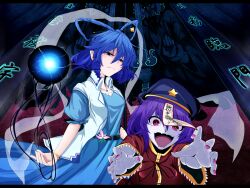  2girls belt blue_eyes blue_hair commentary_request energy_ball flower hair_ornament hair_rings hair_stick hat hat_ornament jiangshi kaku_seiga miyako_yoshika multiple_girls ofuda open_mouth pale_skin puffy_sleeves purple_hair red_eyes rihito_(usazukin) shawl short_hair short_sleeves smile star_(symbol) star_hat_ornament touhou wide_sleeves 