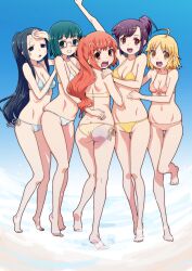  5girls :&lt; :d ahoge anrakutei_kukuru arm_up ass bare_legs bare_shoulders barefoot bikini birthmark black_hair blonde_hair blue_eyes bouhatei_tetora breasts brown_eyes buratei_marii butt_crack cleavage commentary_request dimples_of_venus front-tie_top glasses green_eyes grin hair_ornament hairclip halterneck hand_on_forehead hand_on_own_face haroukitei_kigurumi hirose_(mokiki) joshiraku kuurubiyuutei_gankyou large_breasts leg_up long_hair looking_at_viewer looking_back lowleg lowleg_bikini mongolian_spot multiple_girls navel open_mouth pink_bikini ponytail purple_eyes red_hair semi-rimless_eyewear shiny_skin short_hair side-tie_bikini_bottom sidelocks skindentation smile standing standing_on_one_leg strap_gap string_bikini sweat swimsuit teeth thigh_gap under-rim_eyewear upper_teeth_only wading water white_bikini yellow_bikini 