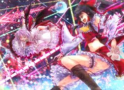  2girls ascot bad_id bad_pixiv_id black_hair blue_eyes boots bow brooch cross cross-laced_footwear danmaku detached_sleeves fangs gohei hair_tubes hairbow hakurei_reimu highres jewelry mickey_dunn multiple_girls navel no_headwear ofuda open_mouth purple_hair red_eyes remilia_scarlet sarashi skirt smile spear_the_gungnir torn_clothes touhou wide_sleeves wrist_cuffs 