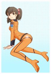  belt bodysuit brown_eyes brown_hair commentary_request female highres misaki_yuria nicoa7 orange_bodysuit photoshop_(medium) polka_dot polka_dot_background smile solo uchuu_senkan_yamato uchuu_senkan_yamato_2199 uniform 