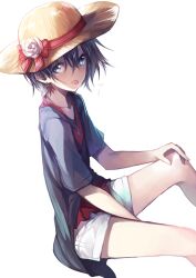  :p black_hair blue_eyes commentary_request earrings en@rain female flower hat hat_flower hat_ribbon highres jewelry looking_at_viewer necklace original ribbon short_hair short_shorts shorts solo straw_hat tongue tongue_out white_background white_shorts 