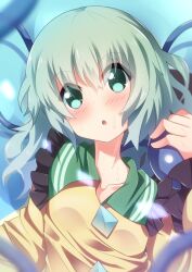  :o bad_id bad_pixiv_id blush collarbone female green_eyes green_hair komeiji_koishi long_sleeves no_headwear open_mouth short_hair solo supershiruco sweatdrop third_eye touhou wide_sleeves 