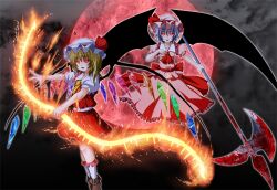  2girls alternate_weapon ascot axe bad_id bad_nicoseiga_id bat_wings blonde_hair blood blue_hair cloud crystal fire flandre_scarlet glowing glowing_eyes hat hat_ribbon laevatein_(touhou) moon multiple_girls night open_mouth photoshop_(medium) puffy_sleeves red_eyes red_moon remilia_scarlet ribbon short_hair short_sleeves siblings side_ponytail sisters touhou weapon wings yua_(checkmate) 