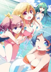  1boy 3girls ball blonde_hair blue_eyes blue_hair breasts brown_eyes chinami_eita cleavage commentary_request day green_hair haruse_hiroki highres idol_pretender kitano_yuika long_hair looking_at_viewer medium_breasts multiple_girls navel ocean one_eye_closed open_mouth otoko_no_ko pink_hair purple_eyes short_hair sky standing subaru_aoi swimsuit takizawa_rin twintails yellow_eyes 