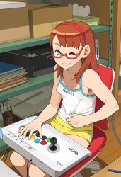  arcade_stick bare_shoulders blue_eyes breasts brown_hair chair commentary_request controller english_text female game_controller glasses go_robots grin gym_shorts hairband highres hori_(company) indoors joystick long_hair no_bra office_chair one_eye_closed original parted_lips photoshop_(medium) playing_games profanity red-framed_eyewear semi-rimless_eyewear shorts sitting small_breasts smile solo swivel_chair tissue tissue_box under-rim_eyewear 