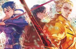  3boys agnesgd armor bad_id bad_pixiv_id blonde_hair blue_hair brown_eyes brown_hair cu_chulainn_(fate) cu_chulainn_(fate/stay_night) ea_(fate/stay_night) earrings fate/stay_night fate_(series) gae_bolg_(fate) gilgamesh_(fate) jewelry kotomine_kirei long_hair male_focus multiple_boys photoshop_(medium) polearm ponytail red_eyes spear weapon 