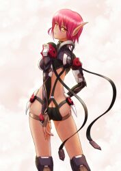  ass blush butt_crack commentary_request dark-skinned_female dark_skin elf female from_behind looking_back neighbor_quartz open_hand orange_eyes phantasy_star phantasy_star_online_2 pink_background pink_hair pointy_ears revealing_clothes ryu-akt solo standing sue_(pso2) 