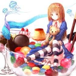  bowl brown_eyes brown_hair candy commentary_request eel female food fruit glass hairband holding ice_cream in_container in_food jellyfish lollipop long_hair mini_person minigirl original oyu_udon pocky sitting smile solo strawberry striped_clothes striped_thighhighs stuffed_animal stuffed_toy sweets teddy_bear thighhighs 