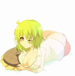  bottomless breasts cleavage commentary_request dress_shirt female flower green_hair kazami_yuuka large_breasts naked_shirt no_bra one_eye_closed pillow sen1986 shirt sleepy solo sunflower touhou 