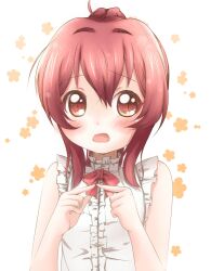  bad_id bad_pixiv_id bare_arms bare_shoulders blush bow bowtie brown_eyes center_frills female fingers_together frills hair_between_eyes hands_up index_fingers_together kuma_(happylocation) looking_at_viewer ponytail red_bow red_bowtie red_hair sleeveless solo sugiura_ayano upper_body yuru_yuri 