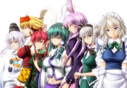  6+girls animal_ears apron aqua_eyes bad_id bad_pixiv_id bishamonten&#039;s_pagoda blonde_hair blue_eyes bow braid cat_ears commentary_request detached_sleeves everyone frog_hair_ornament glowing glowing_eyes green_hair grey_eyes grey_hair hair_ornament hair_ribbon hair_tubes hairbow hat highres izayoi_sakuya japanese_clothes kaenbyou_rin kariginu kochiya_sanae konpaku_youmu long_hair long_sleeves maid maid_headdress mononobe_no_futo multicolored_hair multiple_girls navel oerba_yun_fang open_mouth photoshop_(medium) pink_hair pointy_ears puffy_sleeves rabbit_ears red_eyes red_hair reisen_udongein_inaba ribbon short_hair short_sleeves skindentation smile snake_hair_ornament stage_connection tate_eboshi toramaru_shou touhou twin_braids two-tone_hair untue white_background white_hair yellow_eyes 