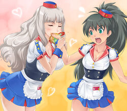  2girls 4hands apron black_hair blue_eyes blush burger burger_skater_(idolmaster) closed_eyes commentary_request cuffs eating food ganaha_hibiki hat heart idolmaster idolmaster_(classic) long_hair multiple_girls open_mouth pen photoshop_(medium) pocket ponytail shijou_takane skirt star_(symbol) surprised tomato tongue waitress wavy_hair white_hair 