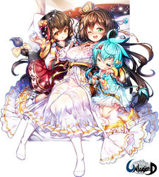  3girls :3 alcohol animal_ears blue_hair blush bottle bracelet braid brown_eyes brown_hair character_request closed_eyes commentary cup dress green_eyes hand_on_another&#039;s_face jewelry long_hair multiple_girls one_eye_closed open_mouth paw_pose ponytail poseich red_dress sakazuki sake sake_bottle sitting smile socks thighhighs unleashed white_dress white_legwear 