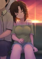  1boy bare_shoulders breasts brown_hair collarbone commentary_request coupe50 denim denim_shorts drooling english_text female hair_ornament hairclip large_breasts leaning_on_person maeda_kazuya masaki_nonoka photokano polka_dot short_hair short_shorts shorts sitting sky sleeping sleeping_upright sunset sweatdrop tank_top train_interior window 