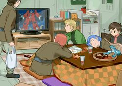  4boys animal bento_malus blanket blonde_hair blue_hair brown_hair densetsu_kyojin_ideon drink female food frog glasses hatari_naburu ideon joliver_ira lotta_banda mecha multiple_boys sarmatamra sleeping tekuno_gyabari television 