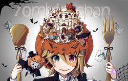  animal bat bicolored_eyes blonde_hair bow green_eyes halloween hat headdress kagamine_len kagamine_rin nou oerba_yun_fang pumpkin red_eyes short_hair vocaloid 