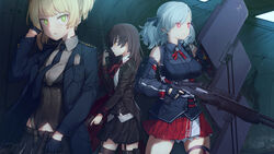  3girls arm_up armband bad_id bad_pixiv_id belt black_hair black_jacket black_legwear black_shirt blonde_hair blue_jacket blush bolt_action bow bowtie breasts brown_eyes buckle buttons closed_mouth coat collared_shirt commentary_request corset cz_75 detached_sleeves dual_wielding earpiece eyes_visible_through_hair funako_(newggo) garter_straps girls&#039;_frontline gloves green_eyes grey_hair gun hair_between_eyes handgun highres holding holding_shield holding_walkie-talkie holding_weapon holster jacket large_breasts long_hair long_sleeves looking_at_viewer looking_away low_twintails medium_breasts midriff_peek military military_uniform multiple_girls neck_ribbon necktie nz75_(girls&#039;_frontline) open_mouth parted_lips pleated_skirt pump_action red_bow red_eyes red_necktie red_ribbon red_skirt ribbon shield shield_module shirt short_twintails shotgun shotgun_shell sidelocks skindentation skirt sleeveless smile spas-12 spas-12_(girls&#039;_frontline) standing standing_on_one_leg strap talking thigh_holster thigh_strap thighhighs thighs trench_coat trigger_discipline twintails uniform vest walkie-talkie weapon welrod welrod_mkii_(girls&#039;_frontline) white_shirt zettai_ryouiki 