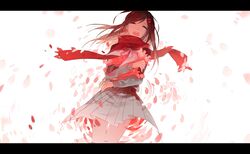  ayano_no_koufuku_riron_(vocaloid) black_hair brown_hair closed_eyes commentary facing_viewer feet_out_of_frame female floating floating_hair floating_object grey_serafuku grey_skirt hair_ornament hairclip hugging_object kagerou_project letterboxed long_hair long_sleeves neckerchief open_mouth petals pleated_skirt red_scarf scarf school_uniform serafuku skirt smile solo tang_elen tateyama_ayano teeth upper_teeth_only white_background white_neckerchief wind 