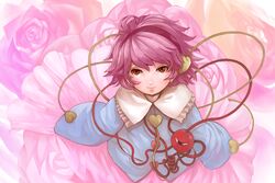  commentary_request eyeball female flower headband heart heart_of_string komeiji_satori long_sleeves looking_at_viewer ma_nyan_(nyao_mao_nyao) pink_flower pink_hair pink_rose pink_skirt red_eyes rose skirt smile third_eye touhou wide_sleeves 