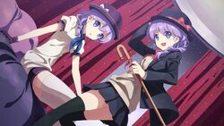  2girls :d :o absurdres black_legwear blazer blue_eyes cane coat curtains djmax djmax_portable earrings gloves hand_on_headwear hat highres jacket jewelry ladymade_star looking_at_viewer looking_back multiple_girls nina_klatt open_mouth purple_hair scan school_uniform sehra_klatt siblings side_ponytail sisters skirt smile thighhighs twins white_legwear yuuki_tatsuya zettai_ryouiki 