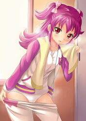  aikatsu! aikatsu!_(series) bent_over blush bow clothes_pull commentary_request female gym_shirt hairbow hot jacket long_hair looking_at_viewer minowa_hikari open_clothes open_jacket open_mouth panties pants pants_pull pink_eyes pink_hair pulling_own_clothes shirt solo steam sweat tamago_kago towel track_jacket track_pants two_side_up underwear undressing white_panties zipper 