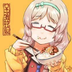  ^_^ bowl braid brown_hair chinese_commentary chopsticks closed_eyes commentary_request eating facing_viewer female food food_on_face foodgasm glasses gyuudon hairband holding inou-battle_wa_nichijou-kei_no_naka_de kushikawa_hatoko long_hair school_uniform senkou_high_school_uniform serafuku simple_background solo sweater yan_wan 