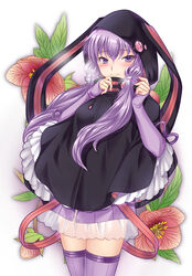  animal_hood blush capelet commentary_request cowboy_shot female highres hood kogara_(frenzied_kotori) long_hair looking_at_viewer low_twintails photoshop_(medium) purple_eyes purple_hair purple_thighhighs rabbit_hood skirt sleeves_past_wrists solo thighhighs twintails vocaloid voiceroid yuzuki_yukari 