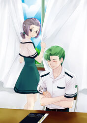  1boy armband belt blue_skirt chair closed_eyes commentary_request crossed_arms curtain_grab curtains day female green_hair hair_ornament hanegasaki_academy_school_uniform hikami_itaru indoors onoda_chiomi school_uniform short_hair sitting skirt smile standing table tokimeki_memorial tokimeki_memorial_girl&#039;s_side tokimeki_memorial_girl&#039;s_side_2nd_kiss unworn_eyewear yoshida_(crisen) 