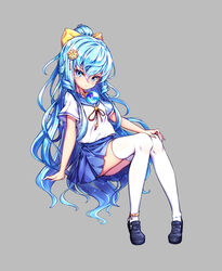  blue_eyes blue_hair blue_skirt commentary female gem hair_ornament highres long_hair original ponytail poseich ribbon school_uniform serafuku shirt shoes sitting skirt solo thighhighs unleashed very_long_hair white_shirt white_thighhighs 