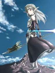  armor barefoot cloud commentary_request day dragon dress elf female hand_on_own_hip highres lens_flare long_hair looking_back original pale_skin pointy_ears polearm red_eyes skirt sky solo spear ttomm weapon white_hair 