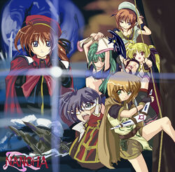  2boys 4girls bardiche_(nanoha) blonde_hair boomerang brown_hair cape chrono_harlaown commentary_request cosplay crossover fate_testarossa fingerless_gloves gloves green_hair hand_fan hat junsama lindy_harlaown long_hair lucia_(lunar) lucia_(lunar)_(cosplay) lunar lunar_2:_eternal_blue lyrical_nanoha mask midriff multiple_boys multiple_girls one_eye_closed ponytail purple_hair rope short_hair shorts side_ponytail staff takamachi_nanoha yagami_hayate yuuno_scrya 