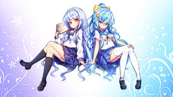  2girls back-to-back black_legwear blue_eyes blue_hair blue_skirt brown_eyes commentary crossed_legs folding_fan gem hair_ornament hairband hairclip hand_fan highres kneehighs long_hair multiple_girls original photoshop_(medium) ponytail poseich ribbon school_uniform serafuku shirt shoes sitting skirt socks thighhighs unleashed very_long_hair white_legwear white_shirt 