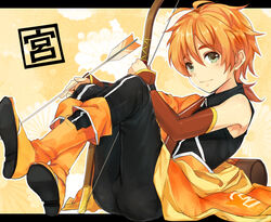  1boy arrow_(projectile) assault_squadron_danjija bow_(weapon) commentary_request full_body green_eyes kyuushuu_sentai_danjiger male_focus miyazaki_touya miyoshi_(344) orange_hair smile solo weapon 