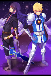  2boys armor black_hair blonde_hair blue_eyes boots bracelet commentary_request flynn_scifo grey_footwear jewelry knee_boots male_focus multiple_boys nishikawa_(fe) purple_background sword tales_of_(series) tales_of_vesperia weapon yuri_lowell 