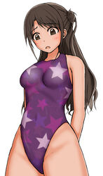  bad_id bad_pixiv_id brown_eyes brown_hair commentary_request commission commissioner_upload competition_swimsuit female highleg highleg_swimsuit hitofudegaki_usagi idolmaster idolmaster_cinderella_girls long_hair looking_down one-piece_swimsuit shimamura_uzuki simple_background star_(symbol) star_print swimsuit white_background 