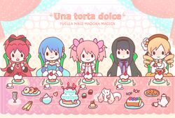  5girls akemi_homura akemi_homura_(magical_girl) blonde_hair blue_hair cake candle cape chibi commentary_request copyright_name cup cupcake doily doughnut drill_hair eating fingerless_gloves food fork gloves hairband hashibiro heart italian_text kaname_madoka kaname_madoka_(magical_girl) knife kyuubee long_hair magical_girl mahou_shoujo_madoka_magica mahou_shoujo_madoka_magica_(anime) miki_sayaka miki_sayaka_(magical_girl) multiple_girls open_mouth pink_hair plate pocky red_hair sakura_kyoko sakura_kyoko_(magical_girl) short_hair tea_set teacup teapot tomoe_mami tomoe_mami_(magical_girl) twin_drills 