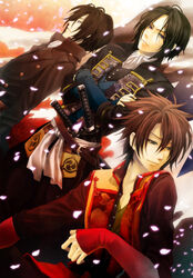  3boys bishounen brown_hair commentary_request crossed_arms dutch_angle hakuouki_shinsengumi_kitan highres hijikata_toshizou_(hakuouki) machi555 male_focus mitsudomoe_(shape) multiple_boys okita_souji_(hakuouki) petals photoshop_(medium) saitou_hajime_(hakuouki) sword tomoe_(symbol) weapon 