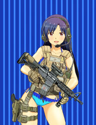  aimpoint alternate_costume ammunition_pouch ass_visible_through_thighs assault_rifle bare_arms bikini blue_background blue_bikini blue_hair blue_ribbon blush body_armor brown_gloves buckle bulletproof_vest character_name collarbone commentary_request contrapposto cowboy_shot ear_protection emblem female foregrip frilled_bikini frills glock gloves gun handgun headset holding holding_gun holding_weapon holster idolmaster idolmaster_(classic) kisaragi_chihaya load_bearing_vest long_hair looking_at_viewer m4_carbine md5_mismatch nakamura_3sou name_tag optical_sight parted_bangs pouch red_eyes ribbon rifle scope side-tie_bikini_bottom skindentation snap-fit_buckle solo standing straight_hair striped striped_background swimsuit thigh_holster thigh_strap trigger_discipline united_states_marine_corps vertical_foregrip vertical_stripes weapon 