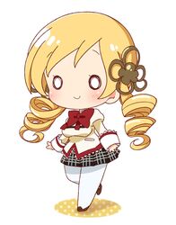  bad_id bad_pixiv_id blonde_hair breasts chibi drill_hair female hair_ornament long_hair mahou_shoujo_madoka_magica mahou_shoujo_madoka_magica_(anime) medium_breasts meiro_(yuu) mitakihara_school_uniform o_o pantyhose plaid plaid_skirt pleated_skirt school_uniform skirt smile solo tomoe_mami 