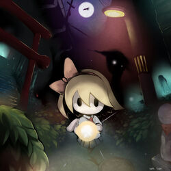  bad_id bad_pixiv_id black_eyes blonde_hair bow commentary_request dated full_moon hairbow hoshibana_anima lamppost manhole_cover moon nekomaguro night outdoors power_lines protagonist_(yomawari) school_uniform shadow_hands stairs standing torii yomawari yomawari_(series) 