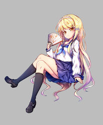  black_socks blonde_hair blue_skirt commentary crossed_legs english_commentary female folding_fan hair_ornament hairband hairclip hand_fan highres kneehighs long_hair original poseich school_uniform serafuku shirt shoes sitting skirt socks solo unleashed very_long_hair white_shirt yellow_eyes 